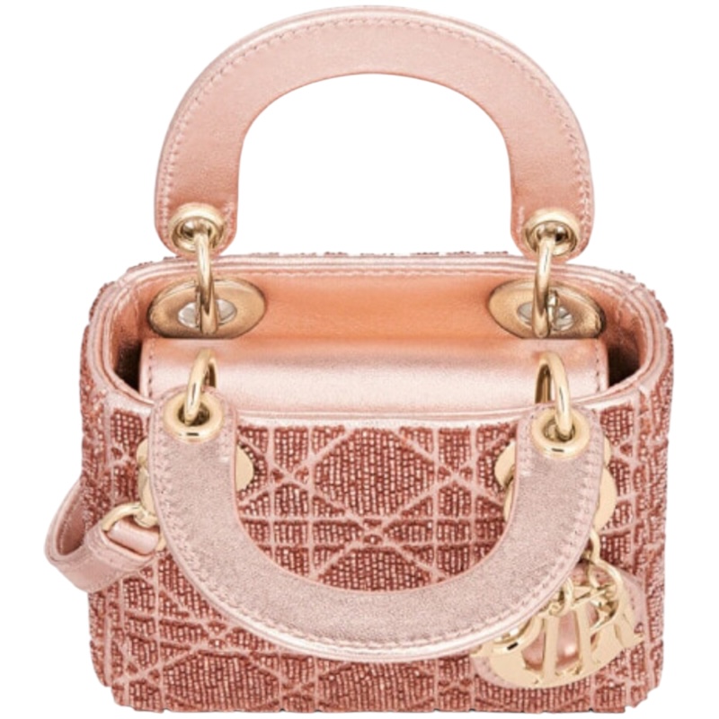 Маленькая сумка Lady Dior с вышивкой бисером, розовое золото