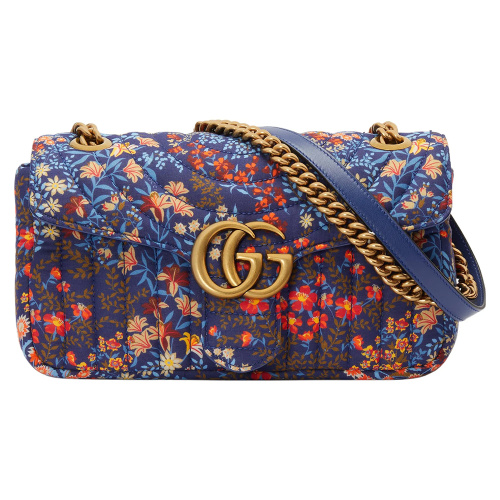 Сумка на плечо GG Marmont синяя с цветочным принтом 