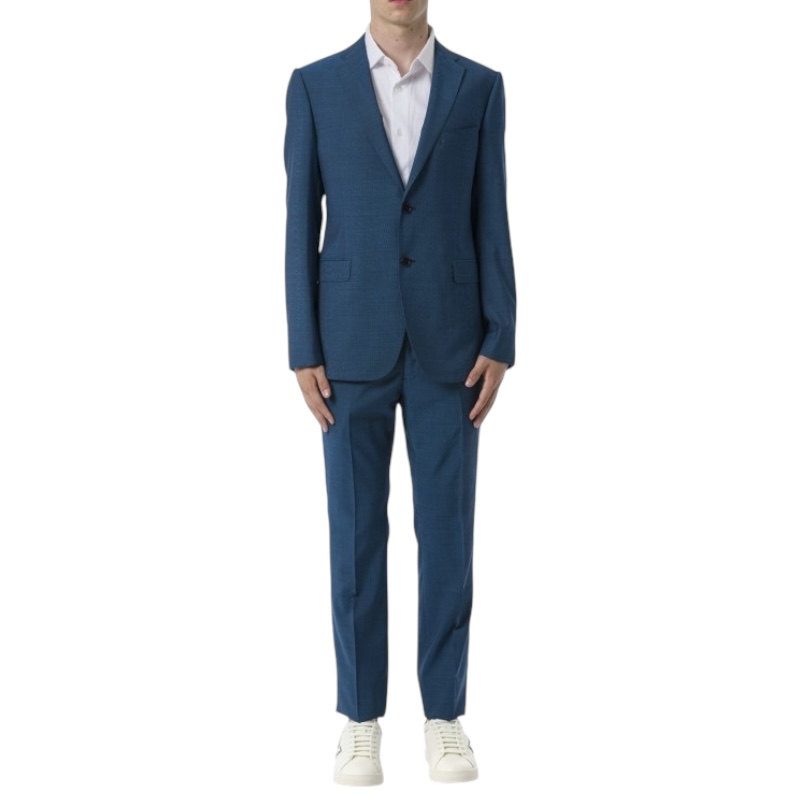 Синий однобортный костюм прямого кроя из натуральной шерсти