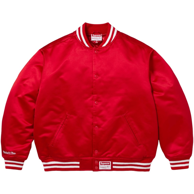 Красный атласный университетский бомбер Supreme/Mitchell & Ness FW24