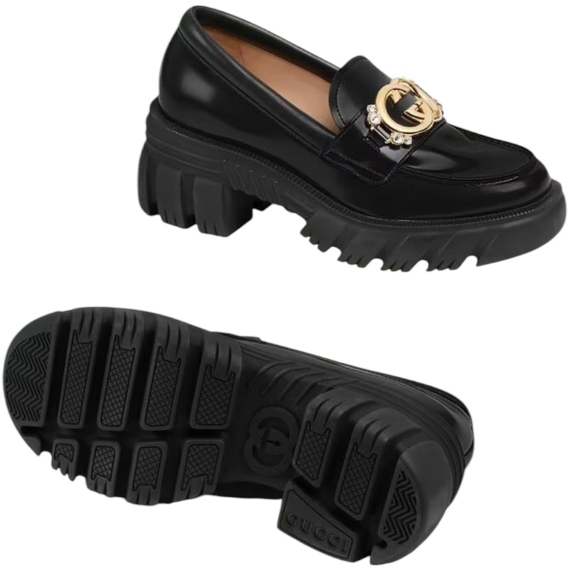 Черные лоферы Interlocking G из лакированной кожи