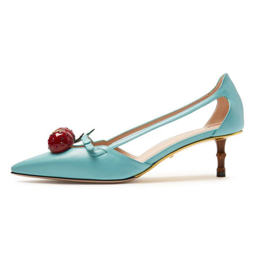 Голубые туфли-лодочки с вишнями GUCCI Unia Cherry Bamboo Heel Pumps
