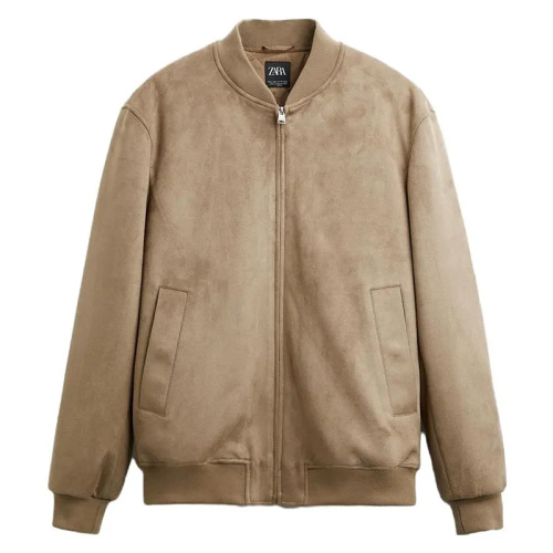 Мужская бежевая куртка-бомбер из эко-замши 