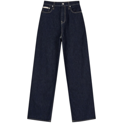 Женские тёмно-синие джинсы свободного кроя на высокой посадке