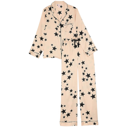 Бежевая сатиновая пижама с принтом из звёзд