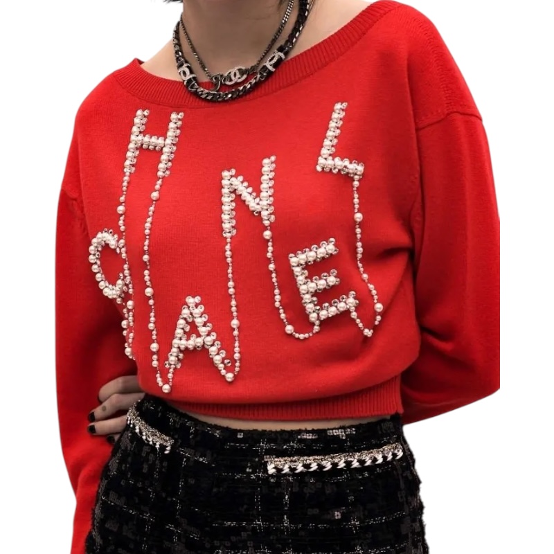 Красный кашемировый свитер с жемчужной отделкой