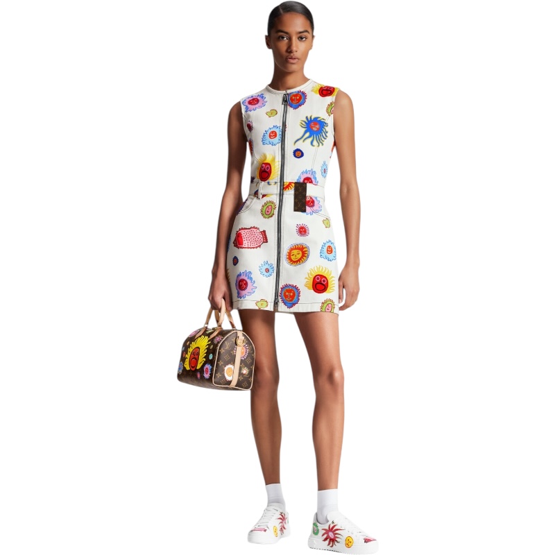 Белое джинсовое платье на молнии Sun Faces из коллекции Yayoi Kusama  