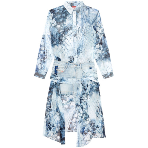 Короткое платье-рубашка из шифона и денима с принтом змеиной кожи D-Jeaniel