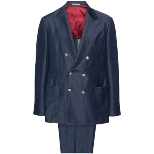 Тёмно-синий костюм с двубортным пиджаком из смеси шерсти и льна