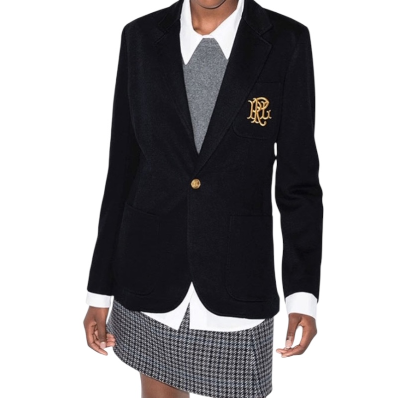 Однобортный тёмно-синий пиджак с аппликацией логотипа