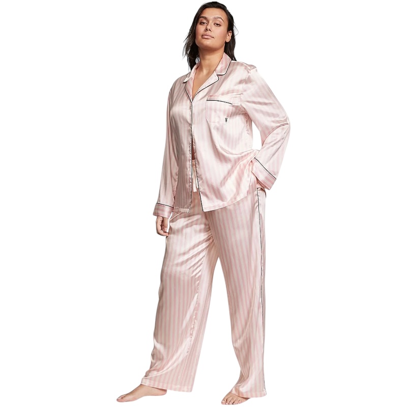 Розовая сатиновая пижама в полоску