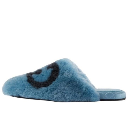 Синие пушистые тапки с логотипом