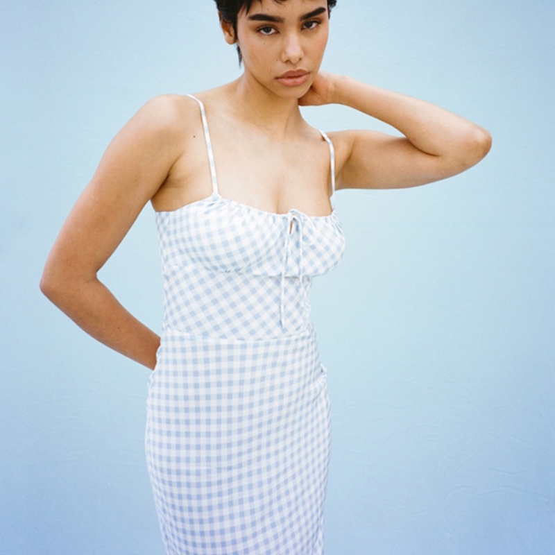 Шёлковый голубой сарафан в клетку The Elsa in Blue Gingham