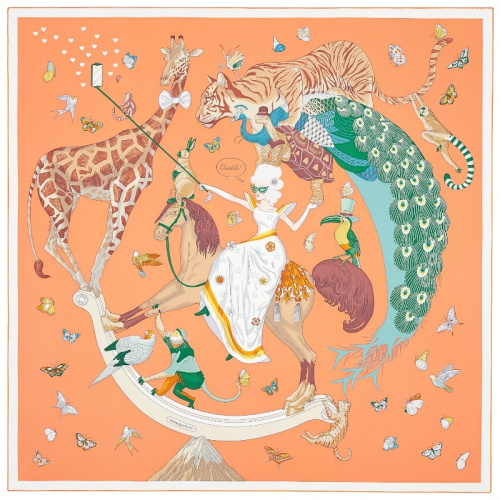 Шёлковый платок Hermes Story 90 оранжевый