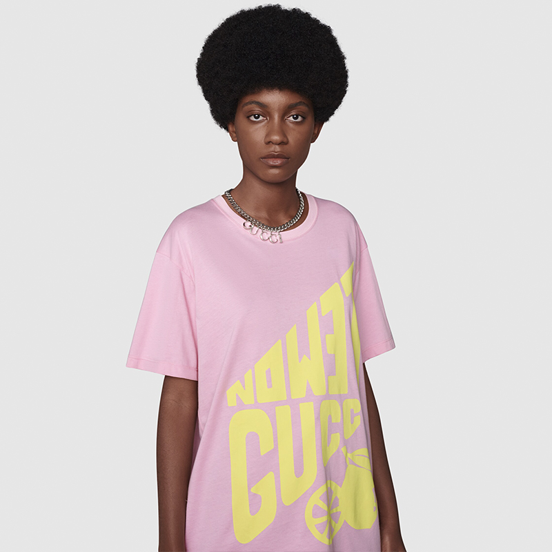 Розовая футболка из хлопка с принтом «Lemon Gucci»
