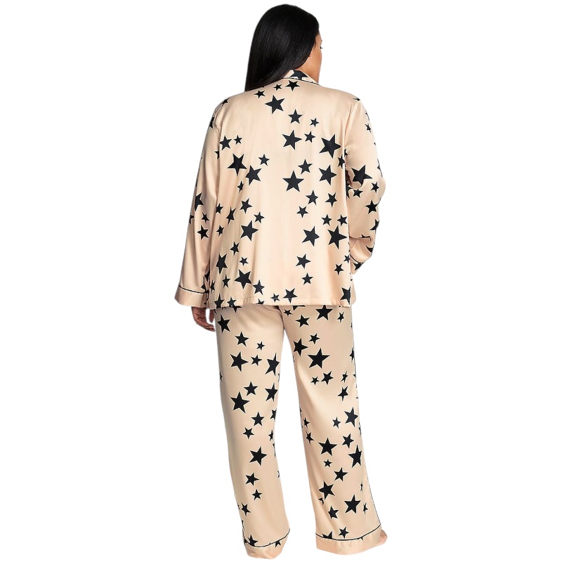 Бежевая сатиновая пижама с принтом из звёзд