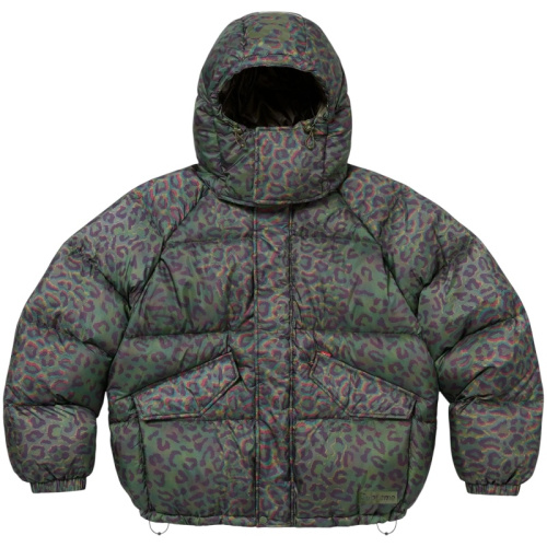 Леопардовый мужской пуховик с логотипом на капюшоне FW24