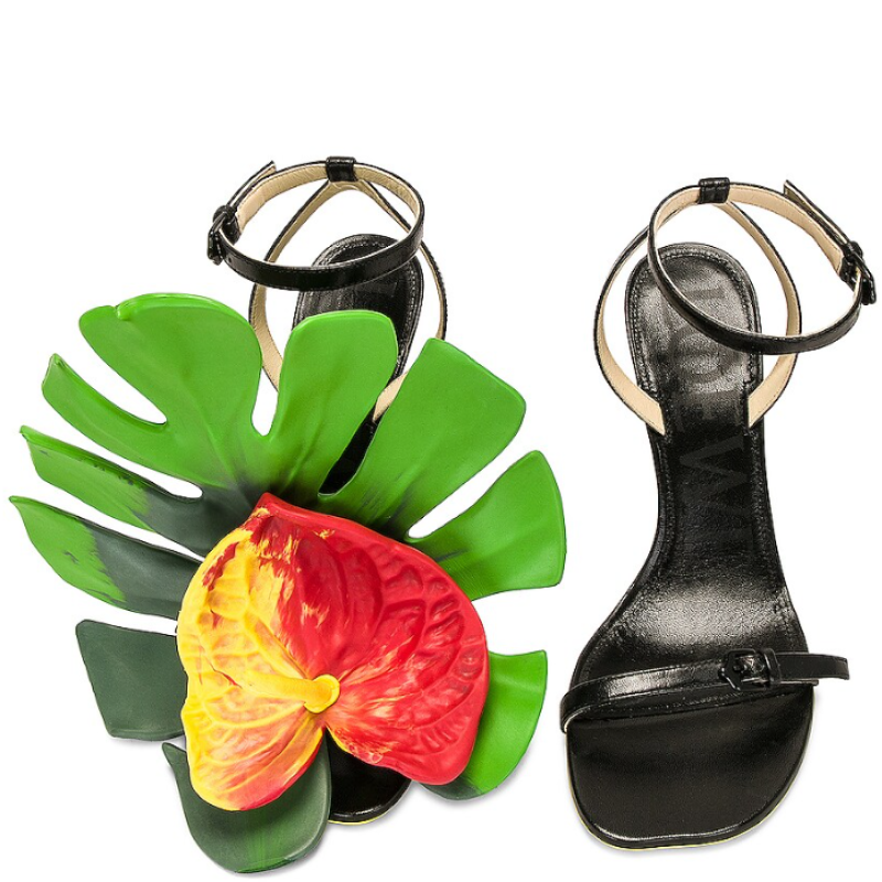 Кожаные босоножки с антуриумом и монстерой