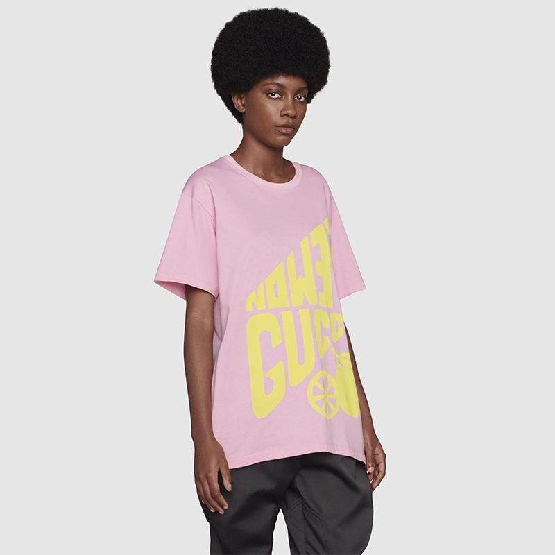 Розовая футболка из хлопка с принтом «Lemon Gucci»
