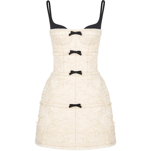 Твидовое платье мини на бретельках с бантиками слоновая кость