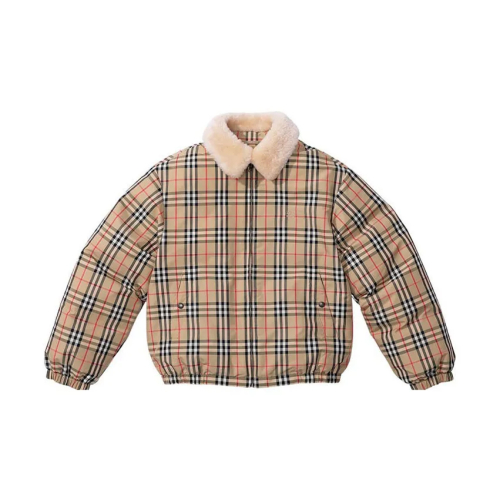 Supreme x Burberry Пуховик в клетку с воротником из овчины