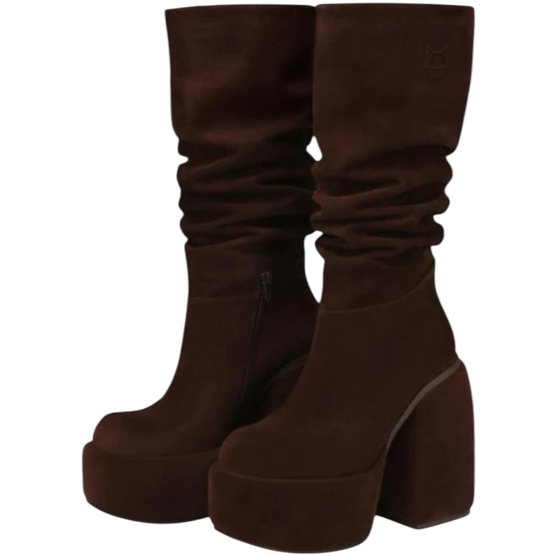 Коричневые замшевые сапоги на каблуке Space Cow Suede Brown