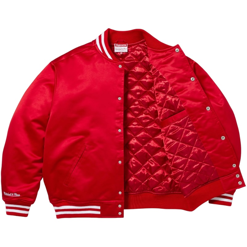 Красный атласный университетский бомбер Supreme/Mitchell & Ness FW24