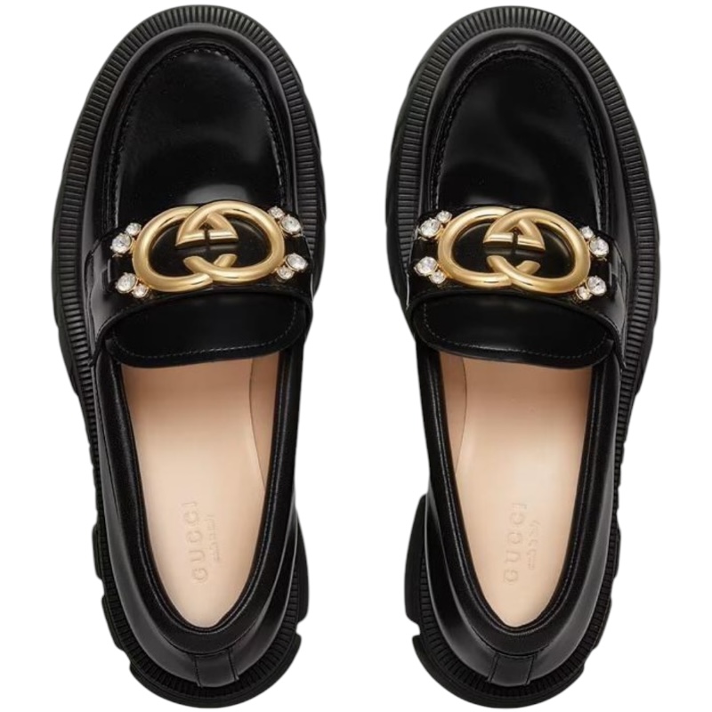 Черные лоферы Interlocking G из лакированной кожи