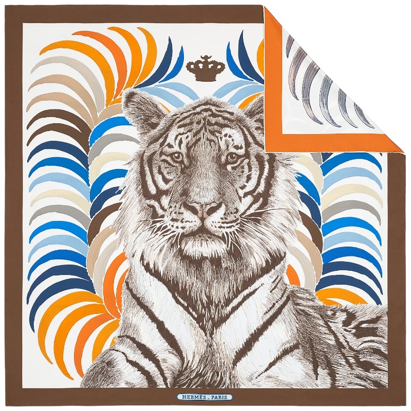 Двусторонний шёлковый платок Tigre Royal 90 синий/оранжевый