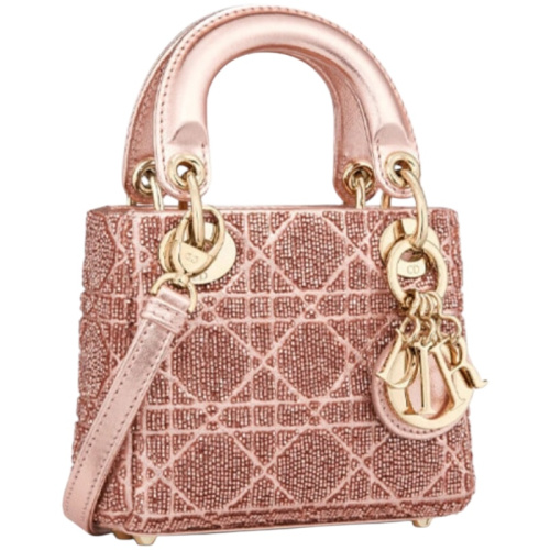 Маленькая сумка Lady Dior с вышивкой бисером, розовое золото