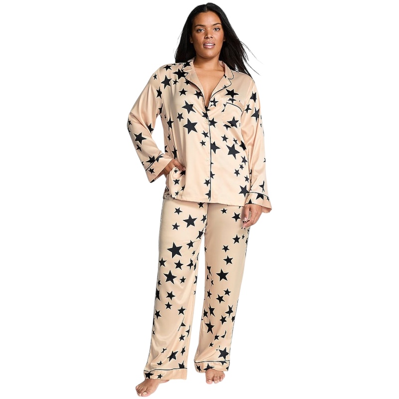 Бежевая сатиновая пижама с принтом из звёзд