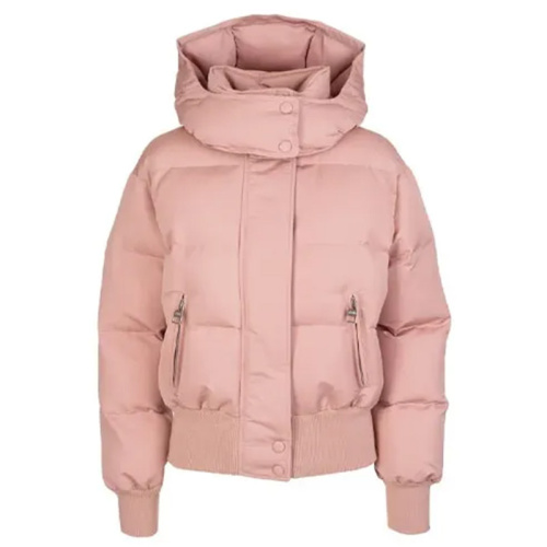 Женский розовый пуховик с принтом логотипа на спине