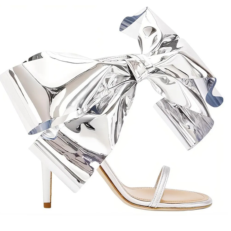 Босоножки с большим бантом металлик