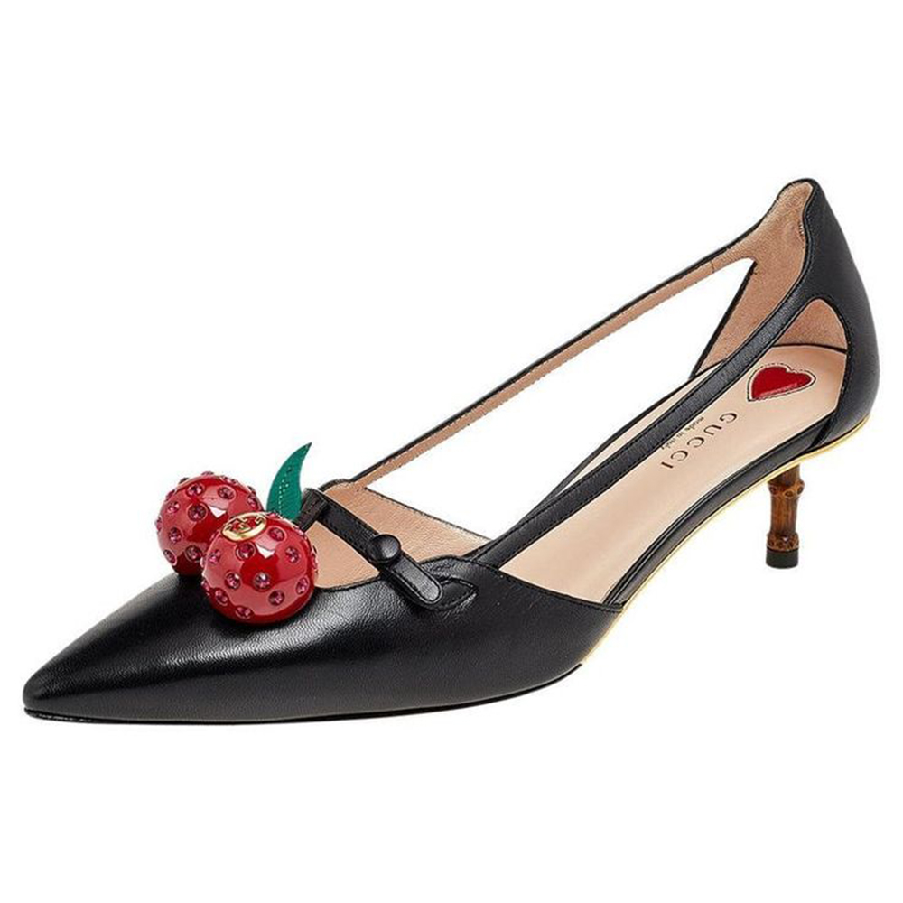 Чёрные туфли-лодочки с вишнями GUCCI Unia Cherry Bamboo Heel Pumps