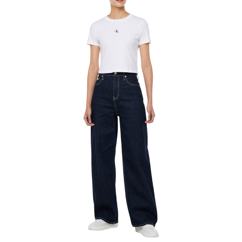 Женские тёмно-синие джинсы свободного кроя на высокой посадке