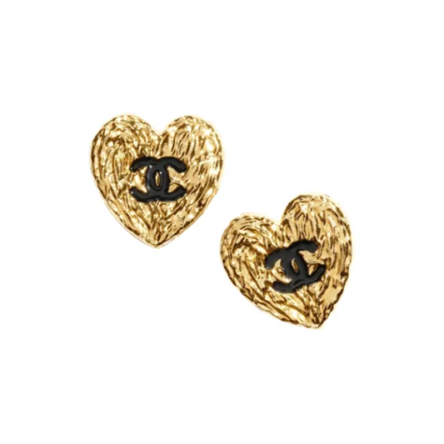 CHANEL Серьги-гвоздики виде сердец с логотипом чёрно-золотые