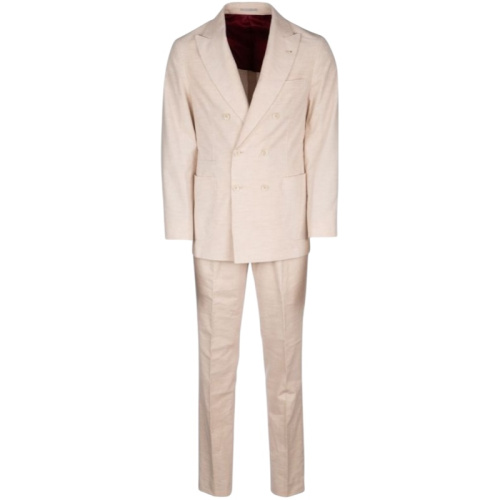 Светло-бежевый костюм с двубортным пиджаком из хлопка и кашемира