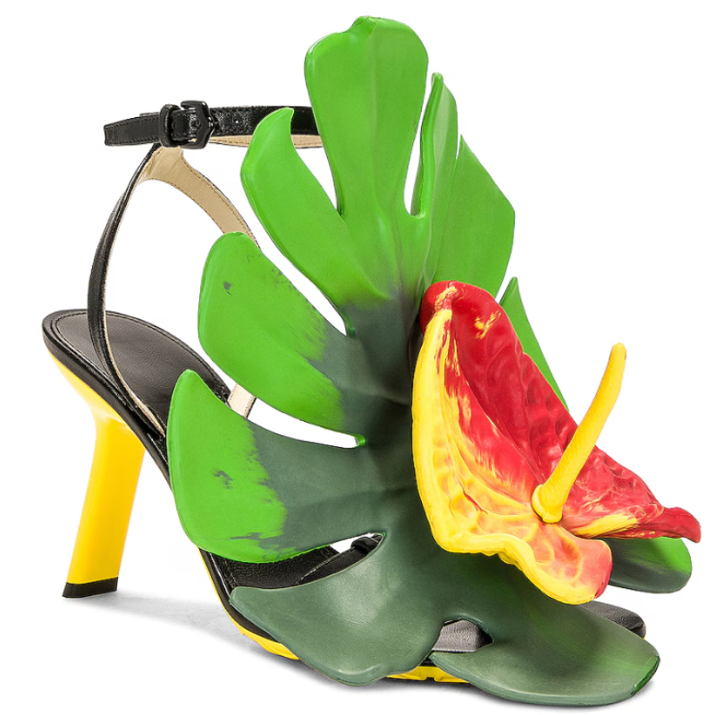 Кожаные босоножки с антуриумом и монстерой