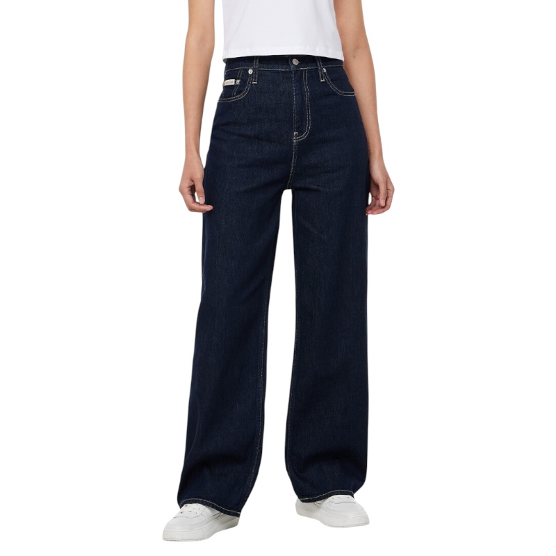 Женские тёмно-синие джинсы свободного кроя на высокой посадке