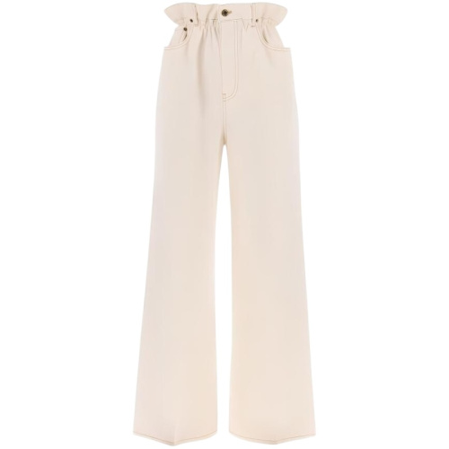 Приталенные широкие бежевые джинсы