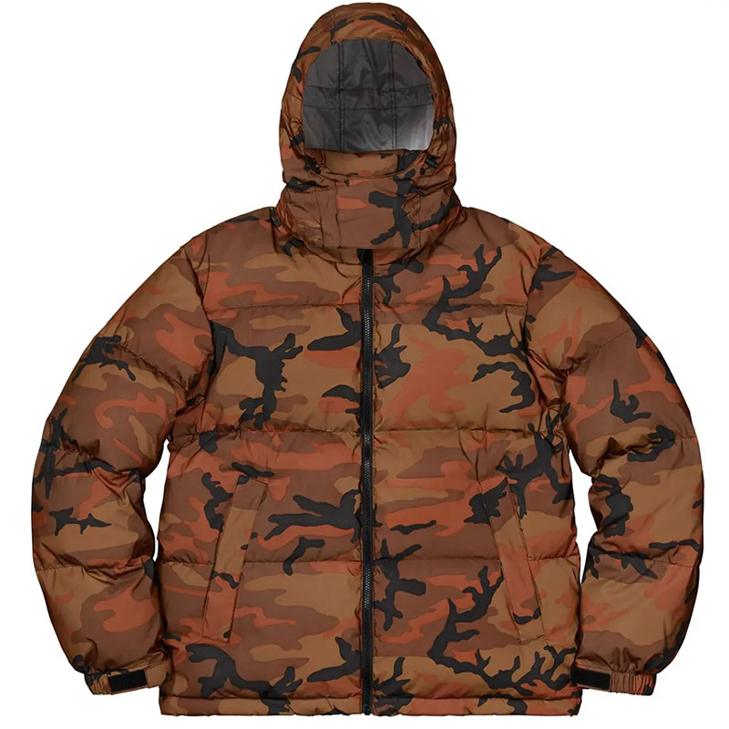 Светоотражающая камуфляжная куртка-пуховик со съёмным капюшоном оранжевая Reflective Camo Down Jacket FW18