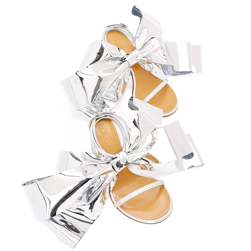 Босоножки с большим бантом металлик