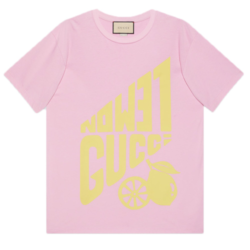 Розовая футболка из хлопка с принтом «Lemon Gucci»