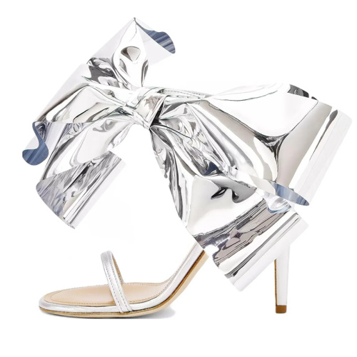 Босоножки с большим бантом металлик