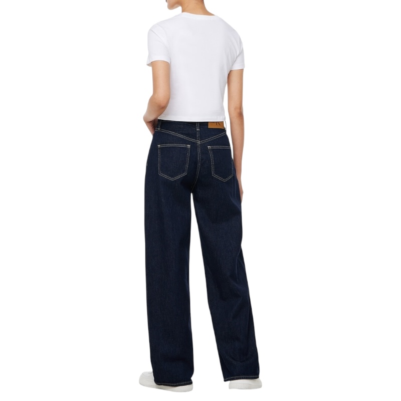 Женские тёмно-синие джинсы свободного кроя на высокой посадке