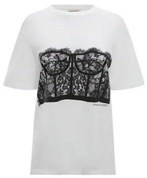 Белая футболка с принтом чёрного кружевного бюстье 